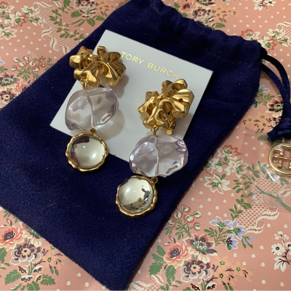 Authentic Tory Burch Roxanne Double Drop Gold Clip On Earrings